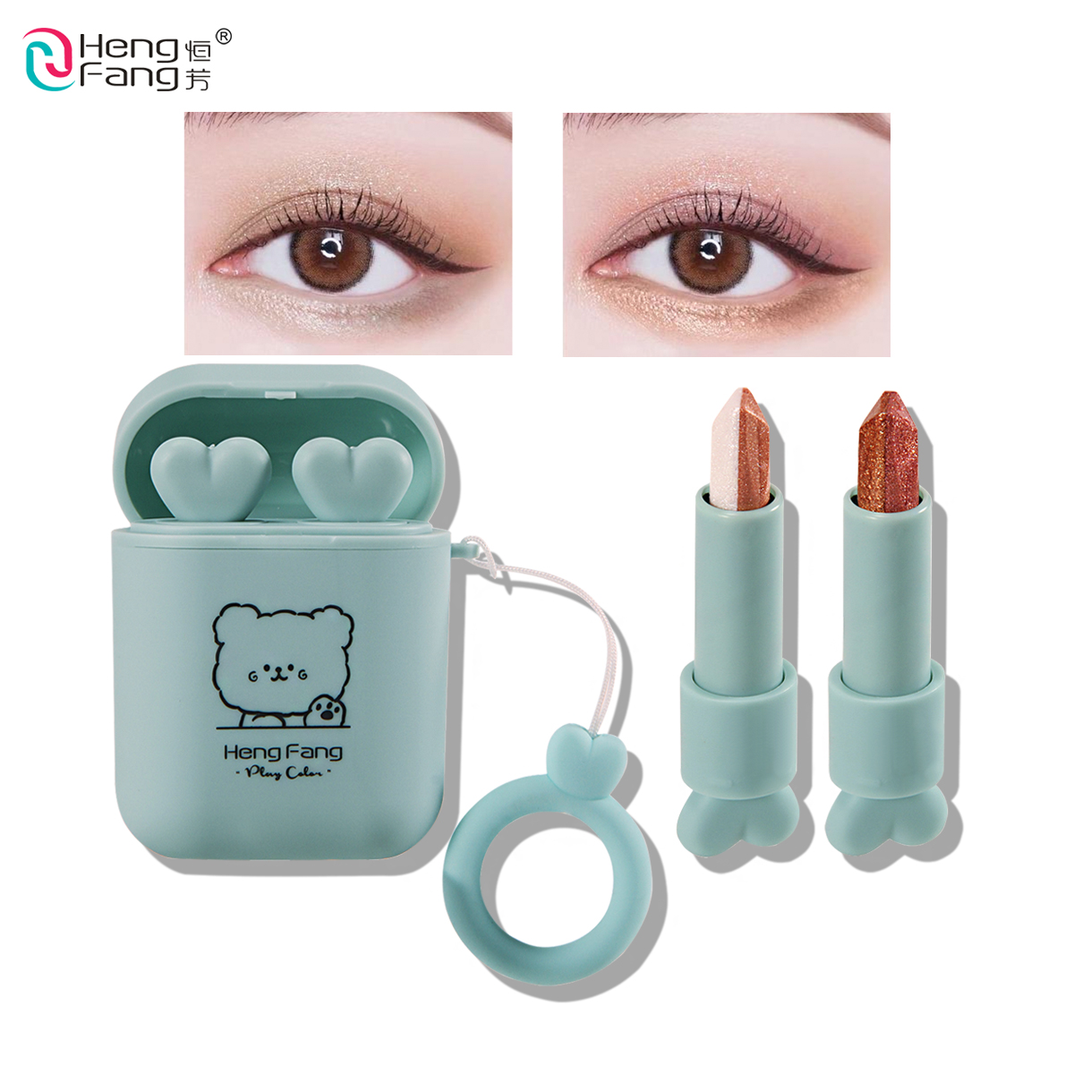 HengFang Double Tube Gradient Six-Color Eyeshadow Stick High Light and Fine Flash Lazy Eyeshadow Portable Earphone Storage Box Eye Makeup H6559