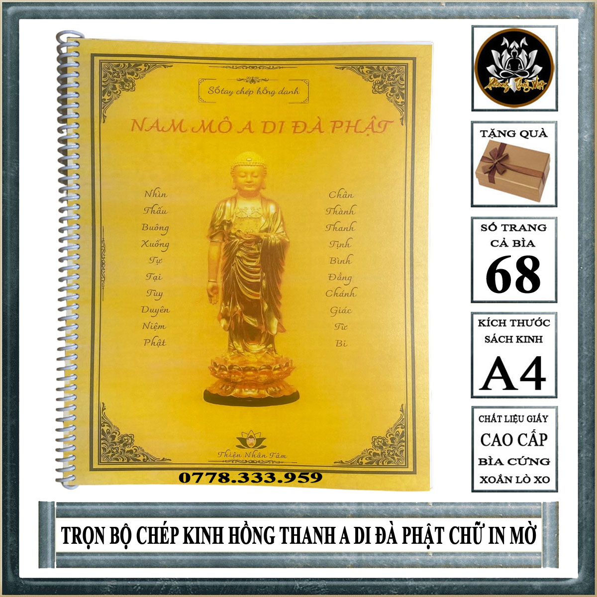 Vở chép kinh chữ mờ hồng thanh a di đà phật bìa lò xo cao cấp khổ a4
