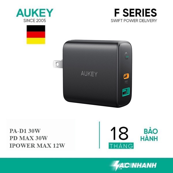 Củ sạc aukey pa-d1 2 cổng usb 12w type-c power delivery 30w