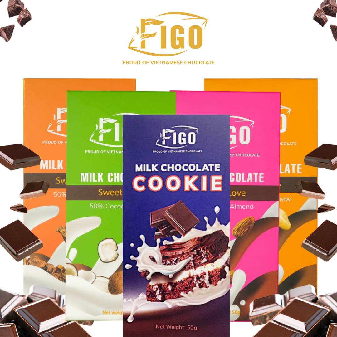 [ĂN LÀ NGHIỆN-COMBO 5 HỘP 50G] Kẹo socola sữa bánh cookie, hạnh nhân, hạt điều, dừa, hạt cacao 50g FIGO, đồ ăn vặt siêu ngon