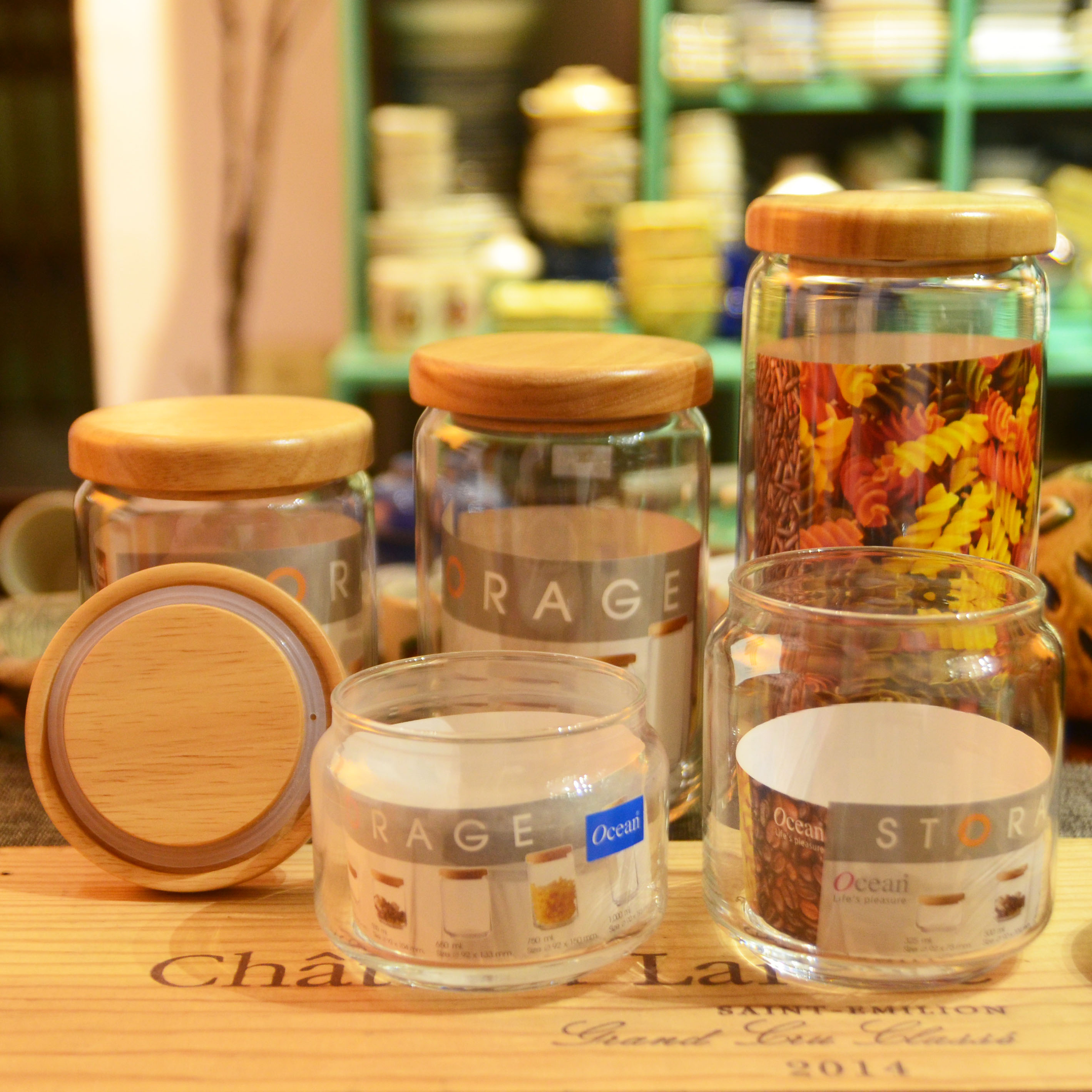 Bộ Hũ Thủy Tinh Ocean Pop Jar Wooden Lid Cao cấp 5+1