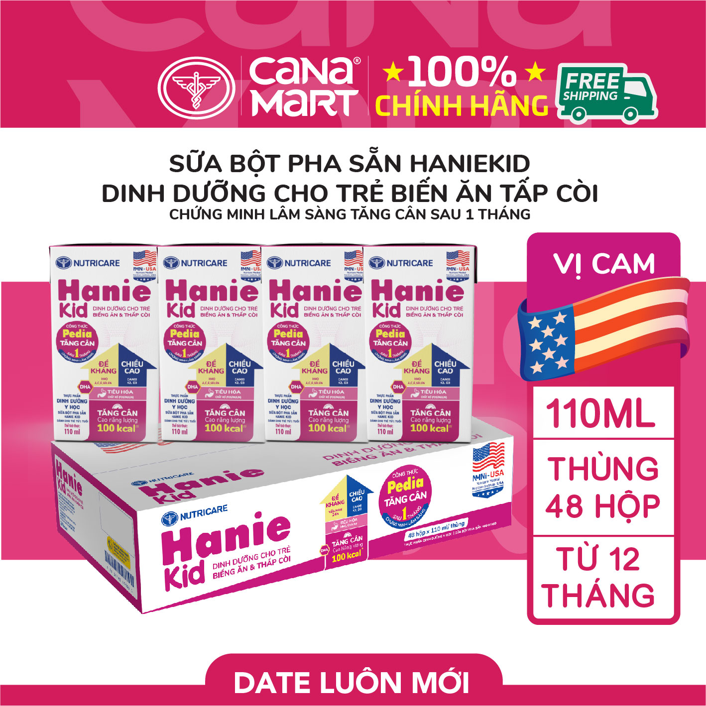 Thùng sữa bột pha sẵn Nutricare Hanie Kid cho trẻ biếng ăn suy dinh dưỡng (110ml)