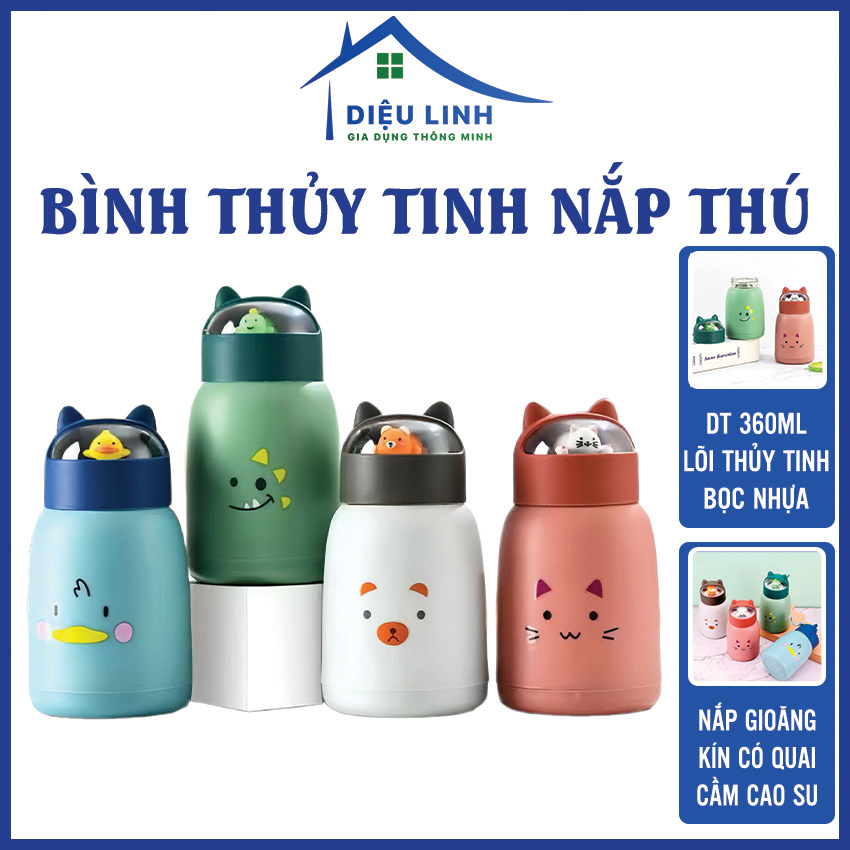 Bình Nước Lõi Thủy Tinh Nắp Gấu Bọt Biển Xốp Cute Dung Tích 360ml - Chai Vỏ Nhựa Lõi Thủy Tinh 2 Lớp Cách Nhiệt Có Móc Treo Dieulinhshop