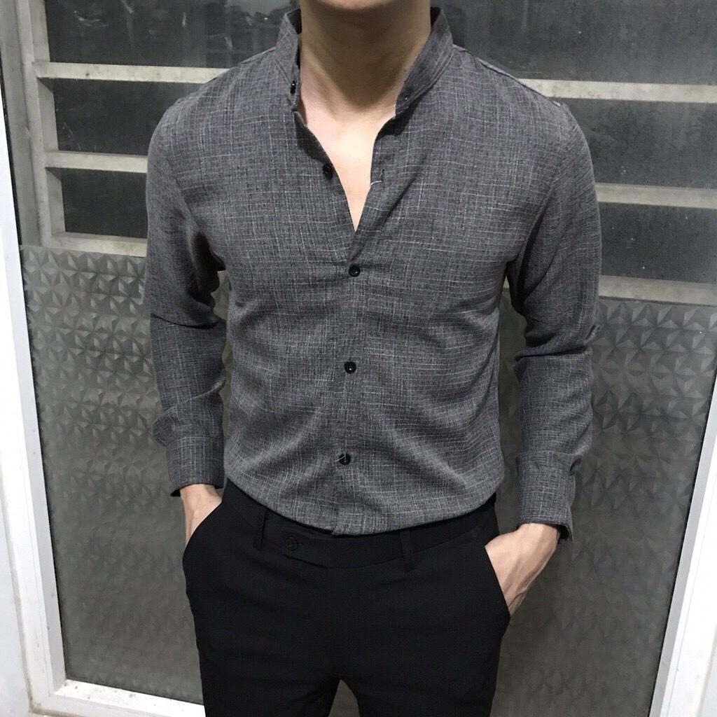 Áo sơ mi nam cổ tàu xám tiêu vải đũi thoáng mát không nhăn cực chất cực sịn