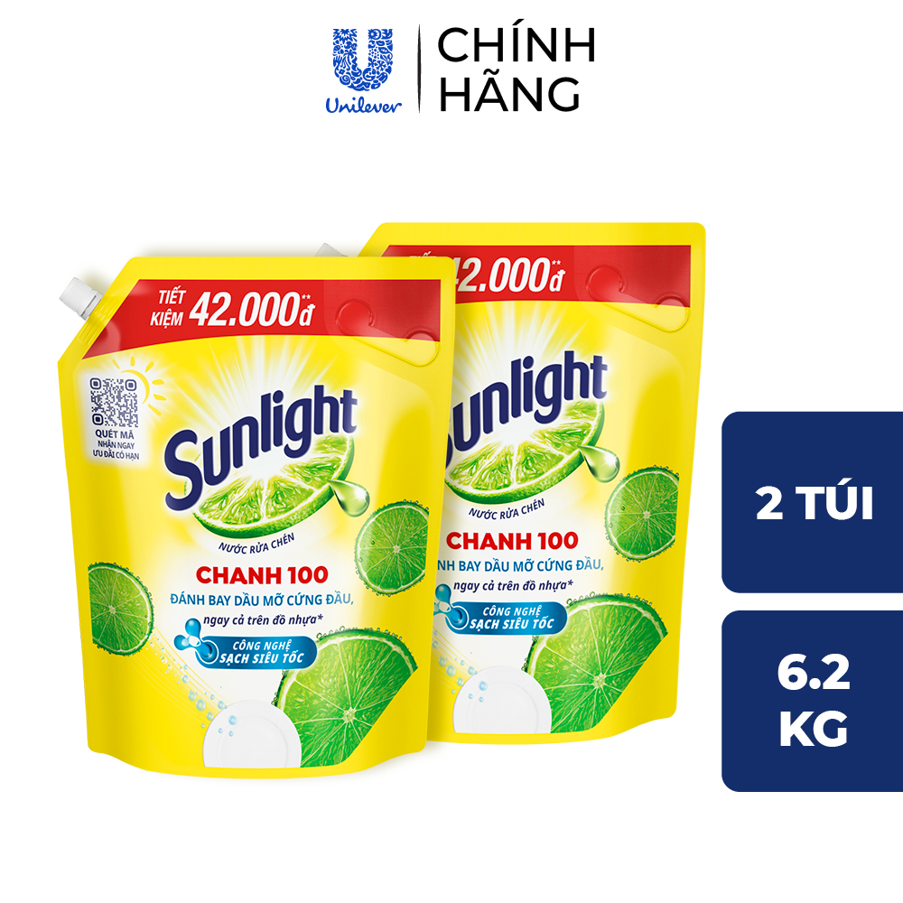 COMBO 2 Nước Rửa Chén Bát Sunlight Chanh 100 | Sạch Dầu Mỡ Đồ Nhựa | Túi 2x3.1Kg