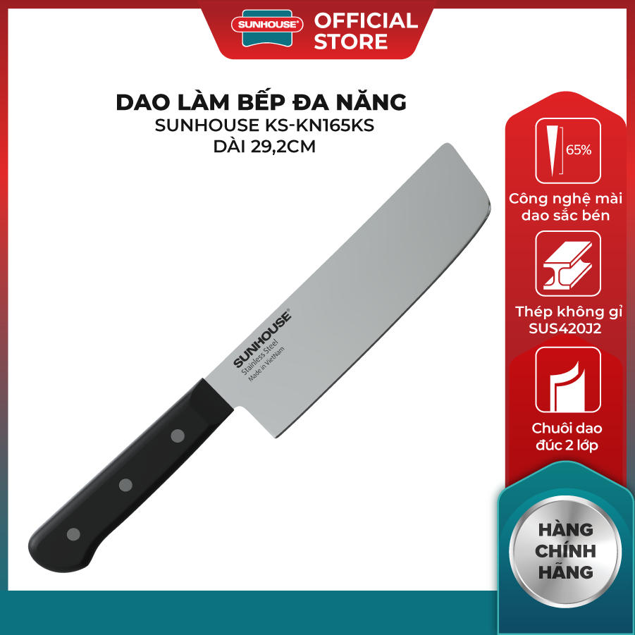 Dao Thái SUNHOUSE KS-KN165SS - Dài 29.2 cm - Công Nghệ Mài Dao Sắc Bén - Thép Không Gỉ SUS420J2 - C