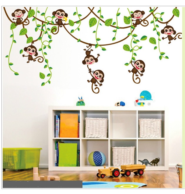 Decal dán tường cho bé yêu Đàn khỉ con đu dây tinh nghịch - decan cao cấp có keo sẵn dễ dàng dán tại nhà AMYSHOP