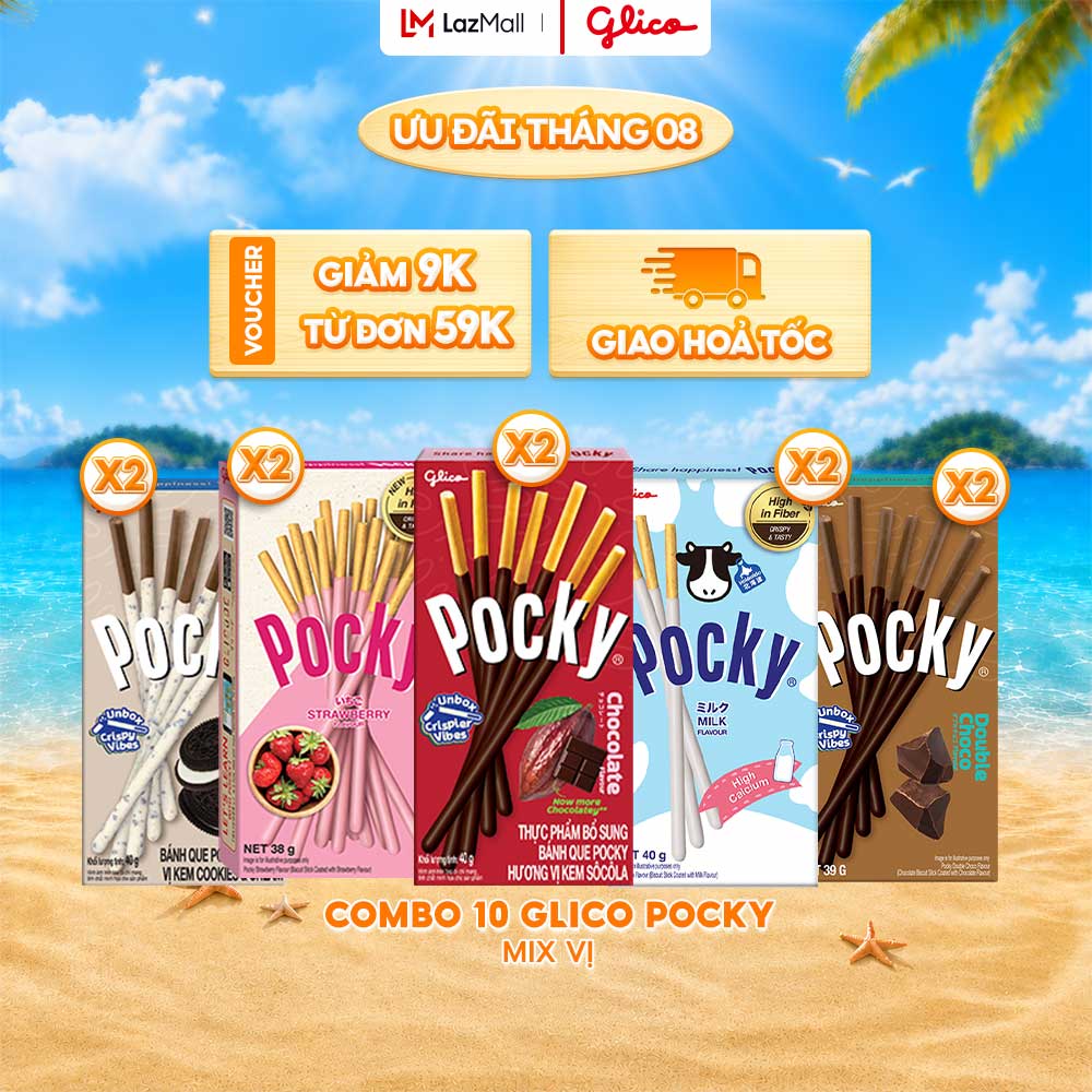 Combo 10 Hộp Bánh Que Phủ Kem Nhiều Vị Glico Pocky (00458_2 Dâu - 2 Cookies  Cream - 2 Socola - 2 Double Choco - 2 Sữa)