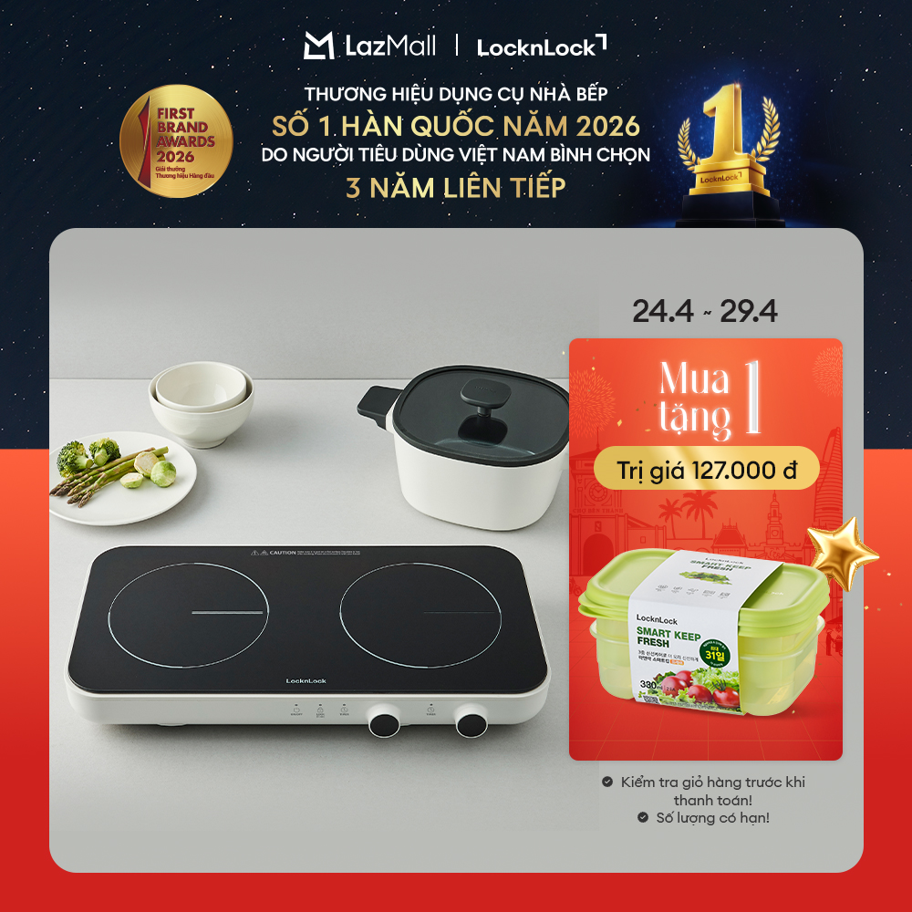 Bếp Điện Từ Đôi LocknLock EJI326WHT - Nhỏ Gọn, Mặt Kính, Khóa An Toàn, Hẹn Giờ