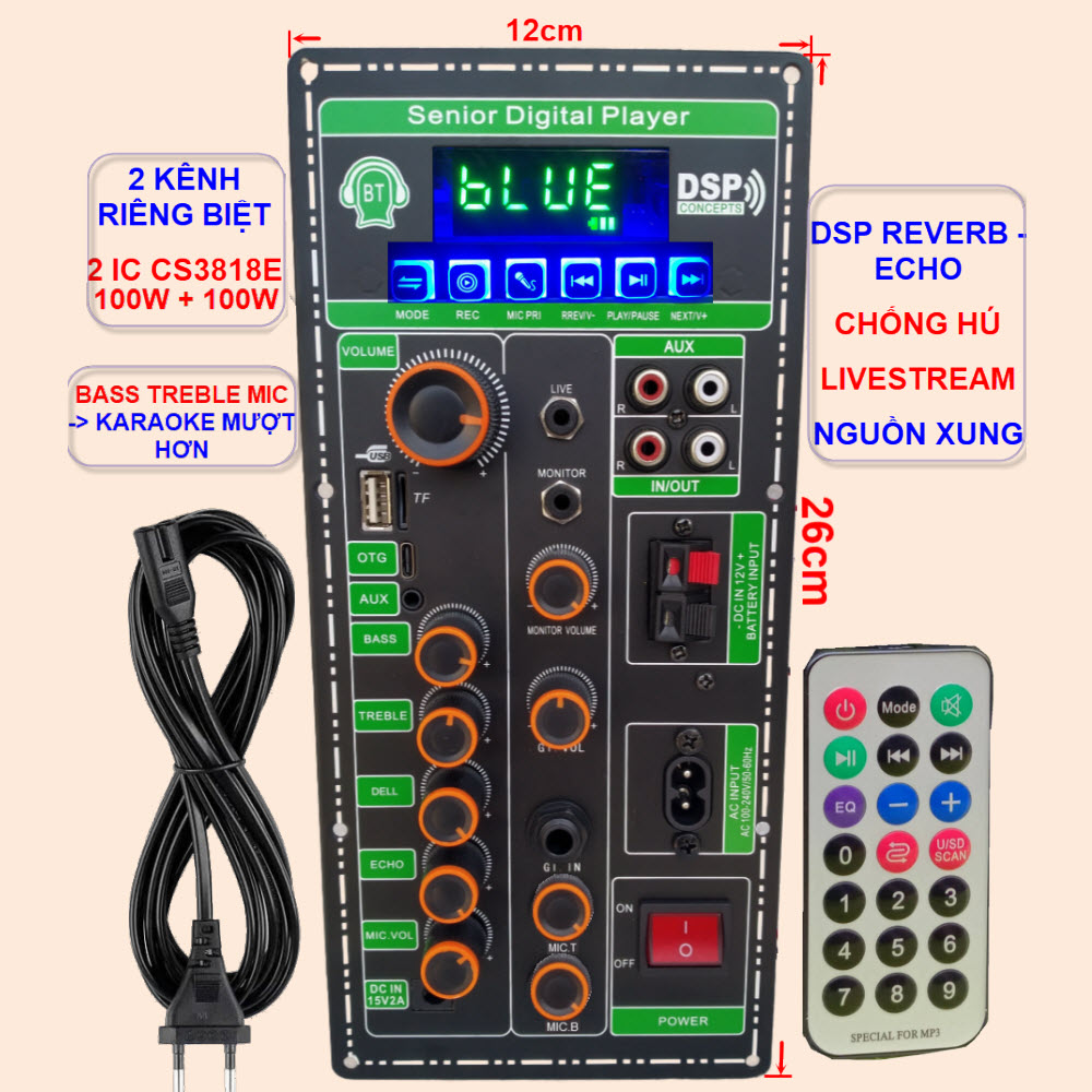 Mạch loa kéo 2 kênh otg reverb – echo livestream chống hú dsp reverb – echo 2 ic cs3818e 100w + 100w – loa kéo 3 tấc đôi