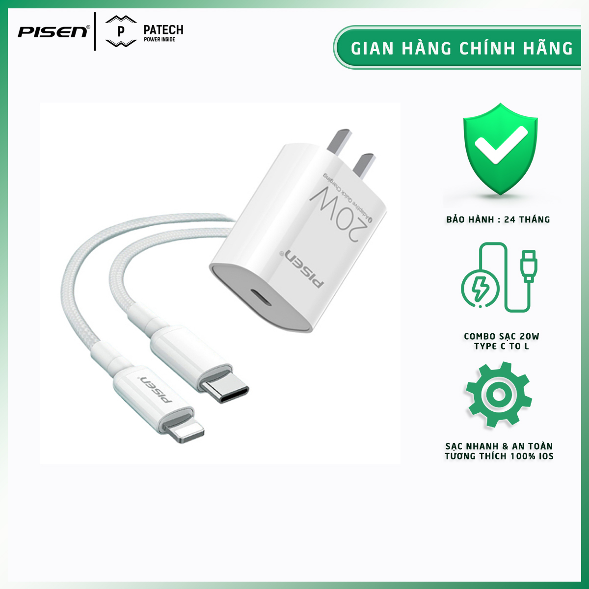 [20H 6/7 - 9.7 Nhập 77LAZSOCIAL80K Voucher giảm 12% đơn từ 250K tối đa 80K]Bộ sạc nhanh PISEN QUICK PD 20W (Lightning ), tương thích các dòng iphone  - TS-C135 - Hàng chính hãng