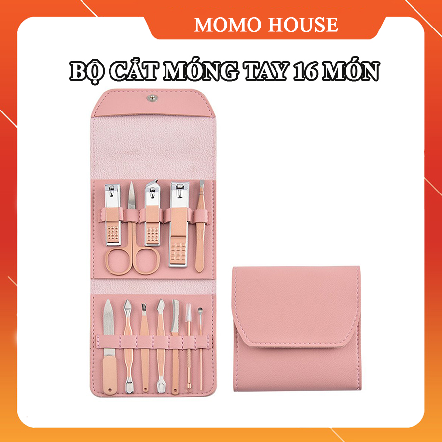 Bộ dụng cụ bấm móng tay 16 món kèm bao da đựng tiện lợi màu hồng dễ thương chất liệu thép không gỉ an toàn cho sức khoẻ