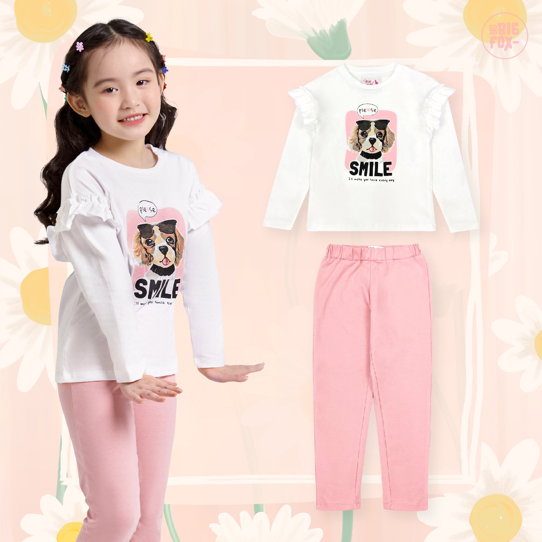 Bộ dài tay bé gái BIGFOX - MISS MEOW size đại, bộ thu đông cho bé phong cách Hàn Quốc hình in cún con smile 11 - 38 kg