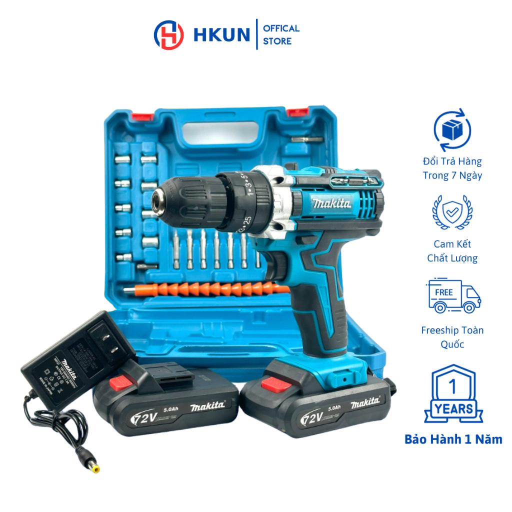 Máy khoan pin Makita 72v cầm tay, máy khoang pin 3 chức năng có búa, tặng kèm bộ phụ kiện 24 chi tiết