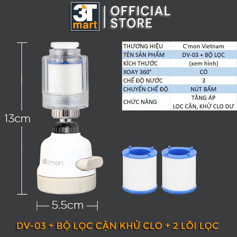 Đầu vòi rửa bát chén tăng áp lọc cặn khử clo dư điều hướng xoay 360 độ c'mon dv-03l