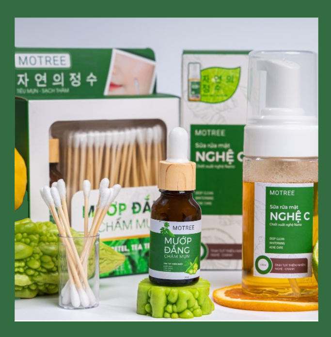 Bộ đôi tiêu mụn 4h motree - sữa rửa mặt nghệ c + mướp đắng chấm mụn - tặng kèm miếng rửa mặt silicon massage
