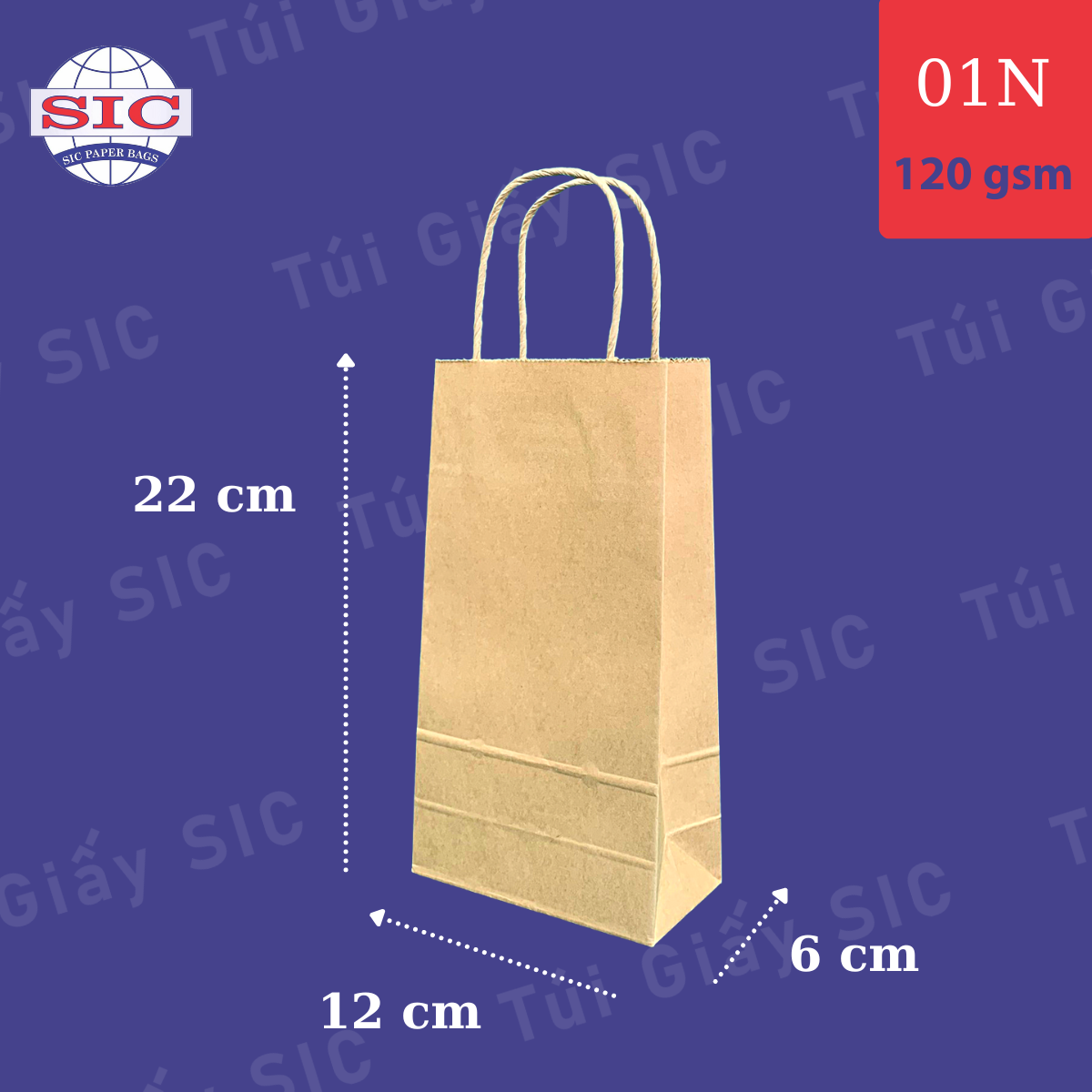 Túi giấy kraft 01 nâu: 12x6x22 cm có quai