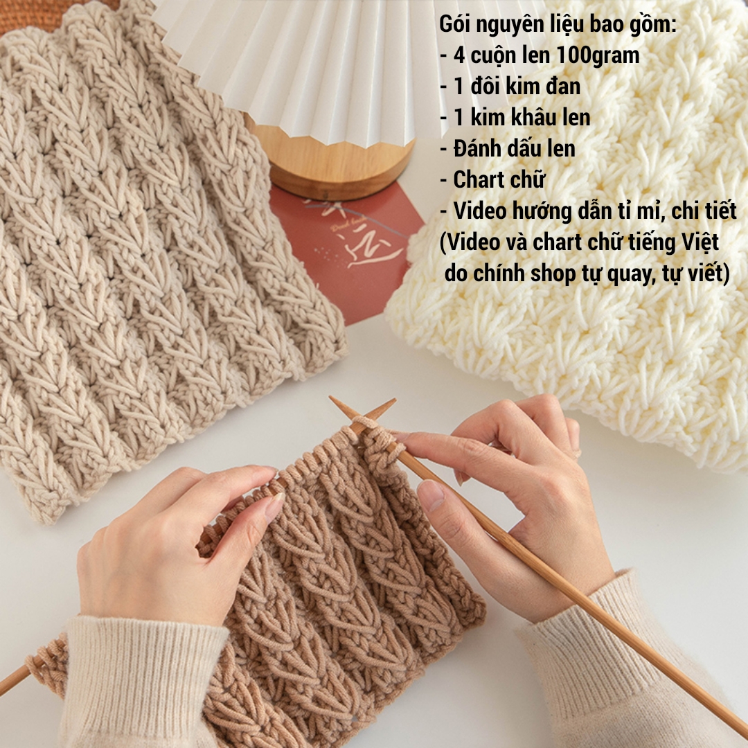 Gói nguyên liệu đan khăn kit đan khăn có video chart chữ hướng dẫn chi tiết