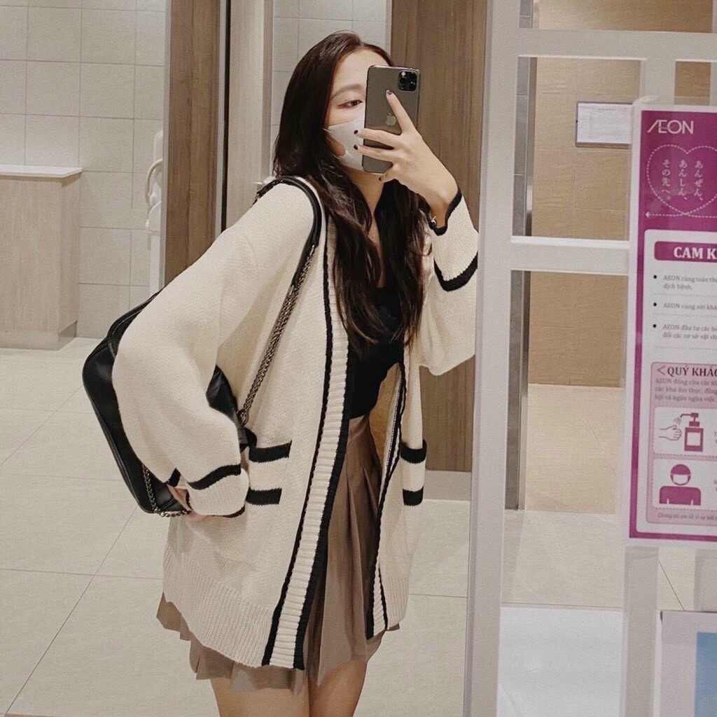 Áo khoác cardigan, áo khoác len viền có túi, mã AC01, mầu đen, be