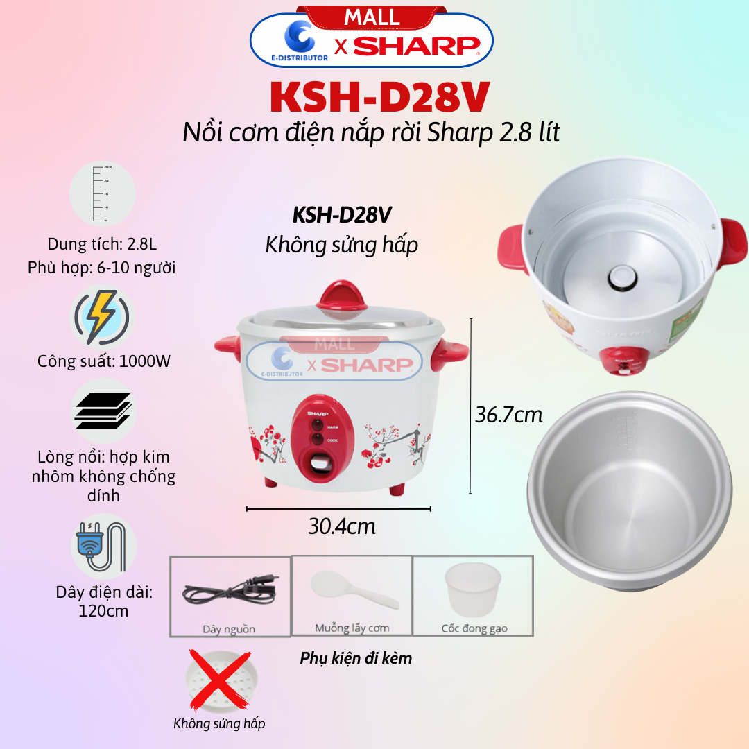 Nồi cơm điện nắp rời sharp ksh-d28v - dung tích 2.8 lít - hàng chính hãng - bảo hành 12 tháng