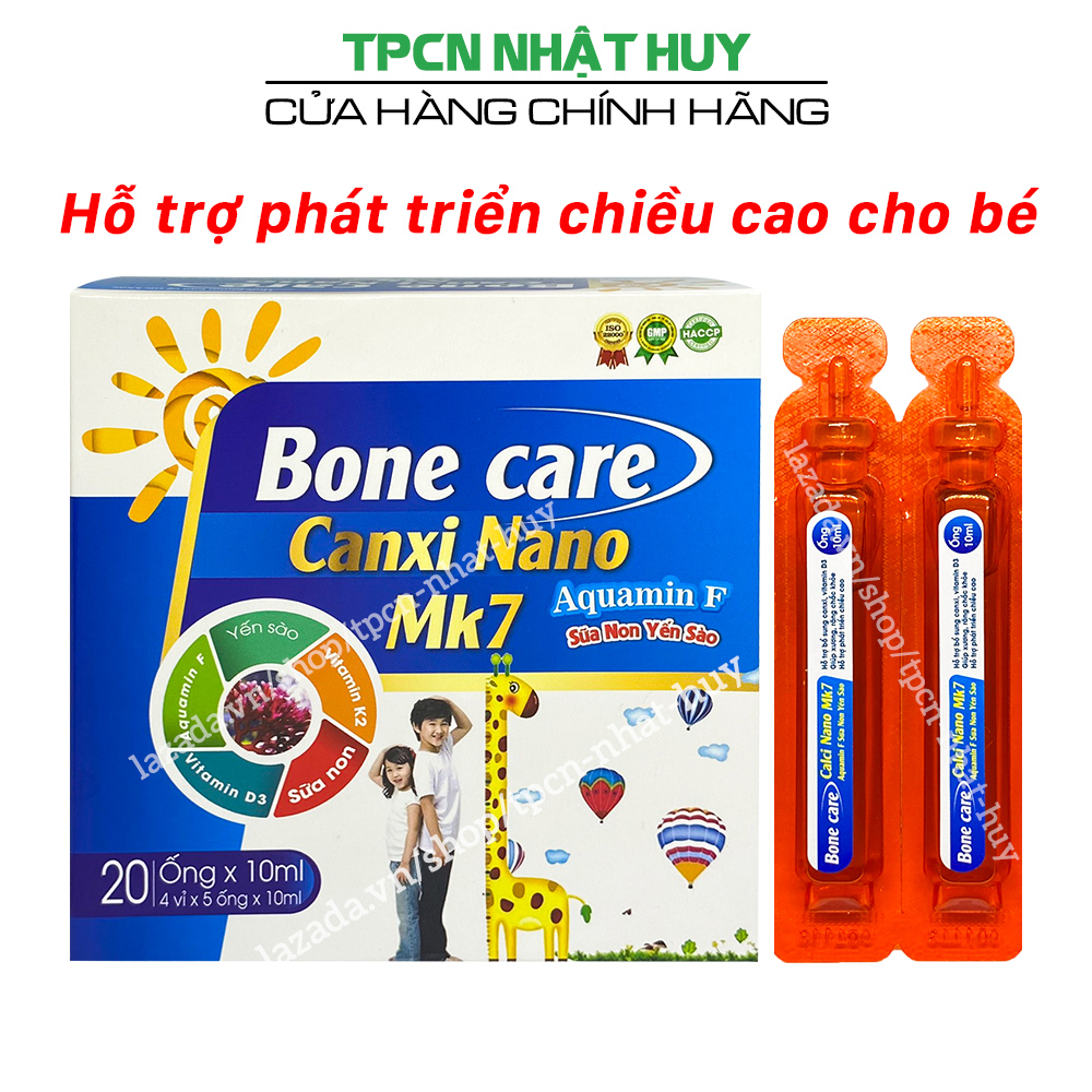 Siro canxi cho bé Bone Care Canxi Nano MK7 hỗ trợ phát triển chiều cao, chắc khỏe xương răng - Hộp 20 ống