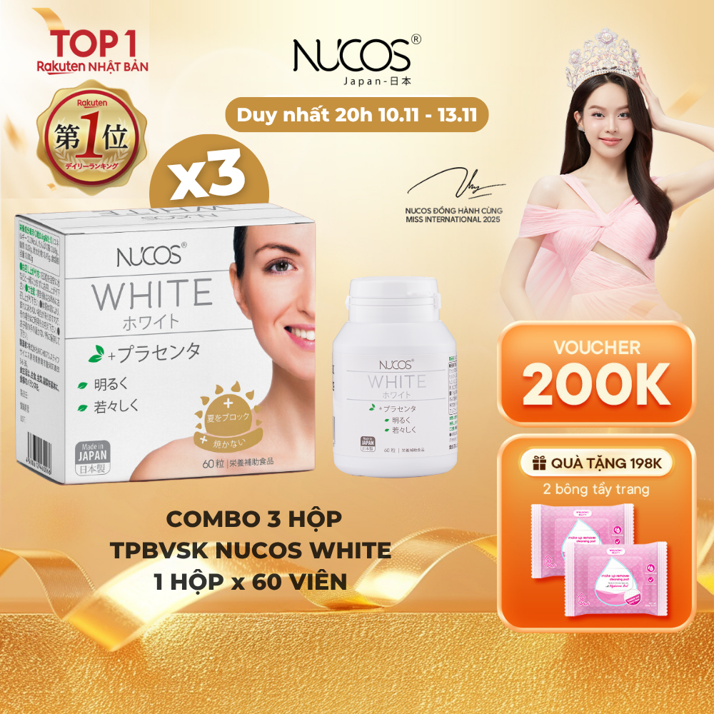  Combo 3 hộp TPBVSK Viên Uống Trắng Da Nucos White Giúp Mờ Thâm Nám Sáng Da Chống Nắng 60 viên 
