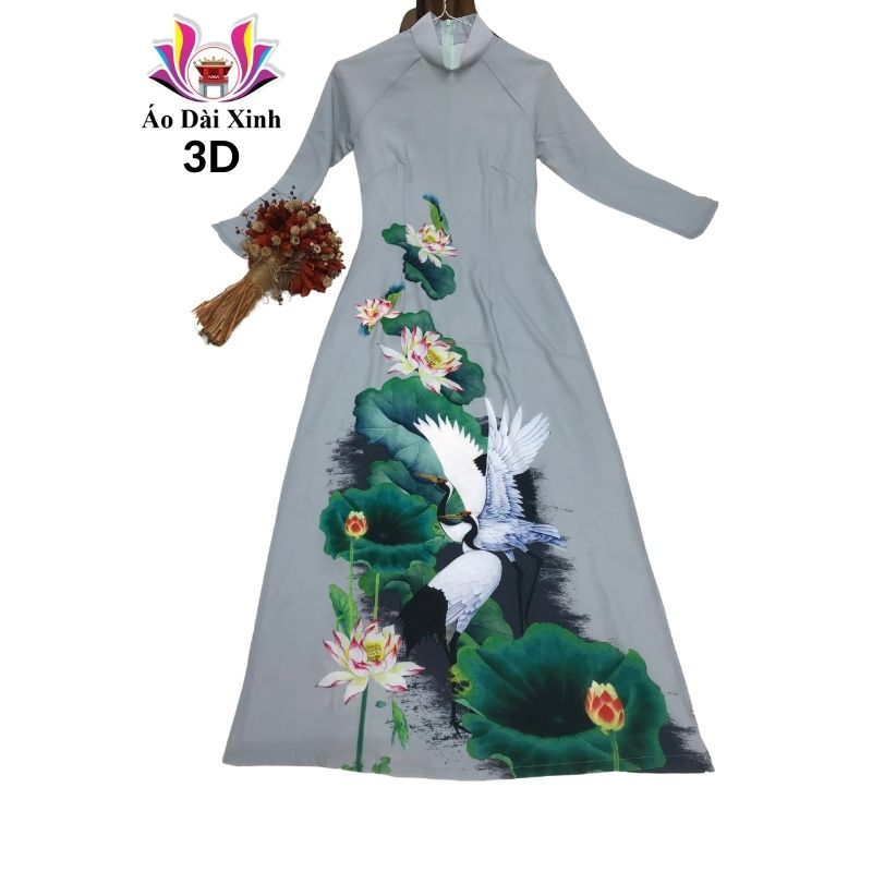 Áo dài truyền thống in 3D cổ 3cm tay lỡ màu ghi họa tiết hoa sen.