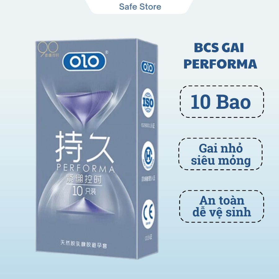 Bao cao su gai OLO Performa Xanh, bcs 0.01 size nhỏ siêu mỏng 001mm kéo dài quan hệ hộp 10 bao
