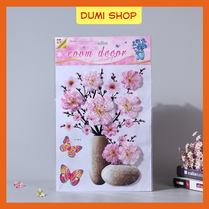 Decal Dán Tường Bình Hoa 3D Sẵn Keo, Tranh Nổi 3D Các Loại Hoa Trang Trí - Dumi Shop