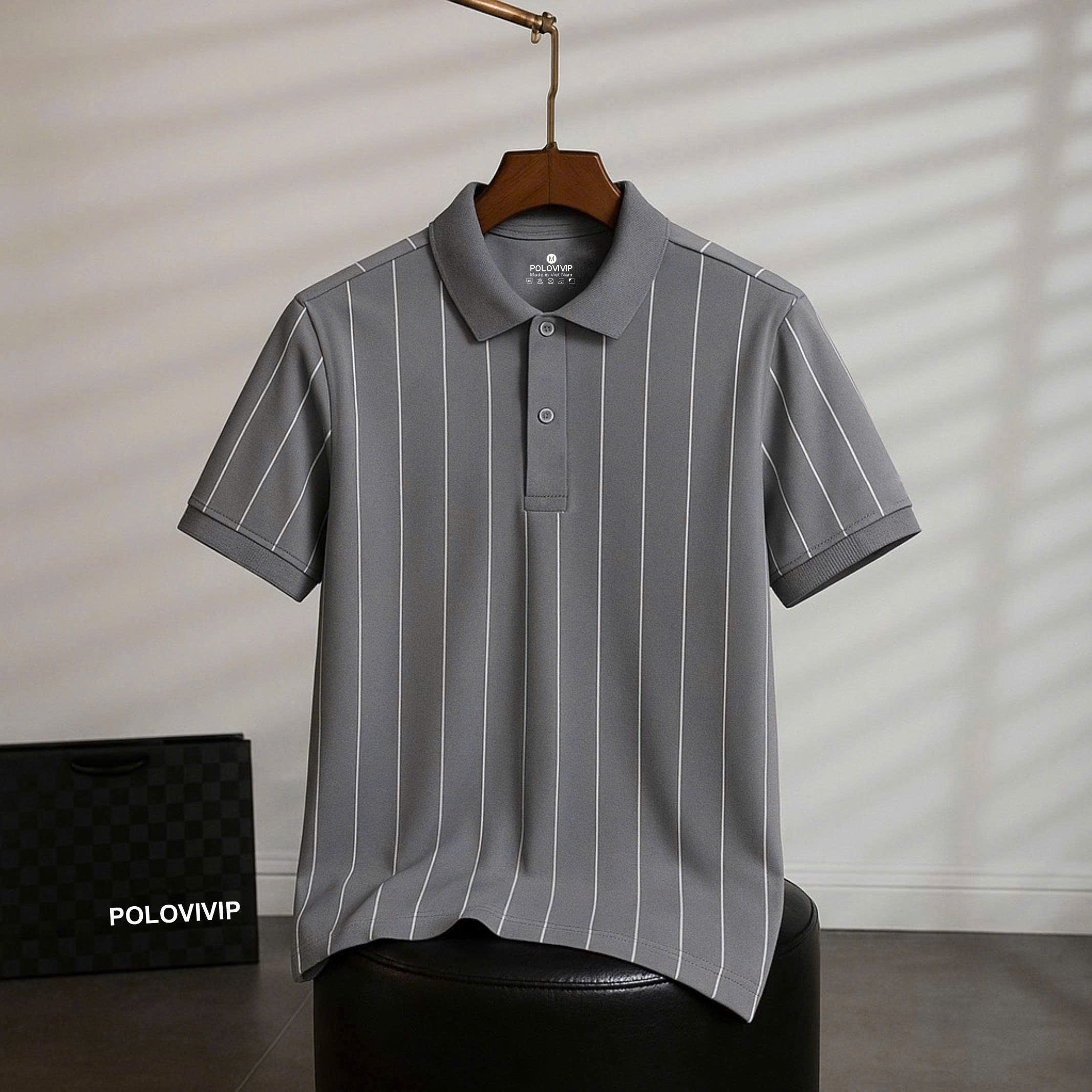 Men's Polo Shirt with Vertical Stripes Printed Polovivip - Soft, Smooth, Cool Crocodile Material, 4-Way Stretch, Anti-Wrinkle. - 4