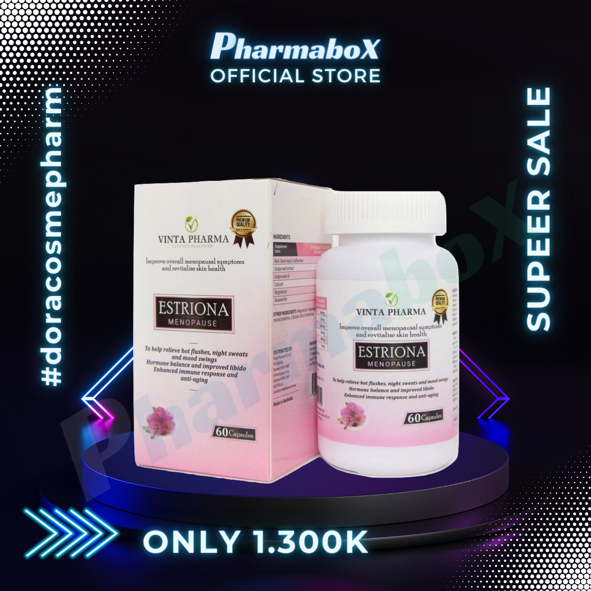 [HCM]Thực phẩm bảo vệ sức khỏe hỗ trợ chống lão hóa làm đẹp da hỗ trợ giảm triệu chứng tiền mãn kinh ESTRIONA (Menopause) - Hộp 60 viên nang cứng