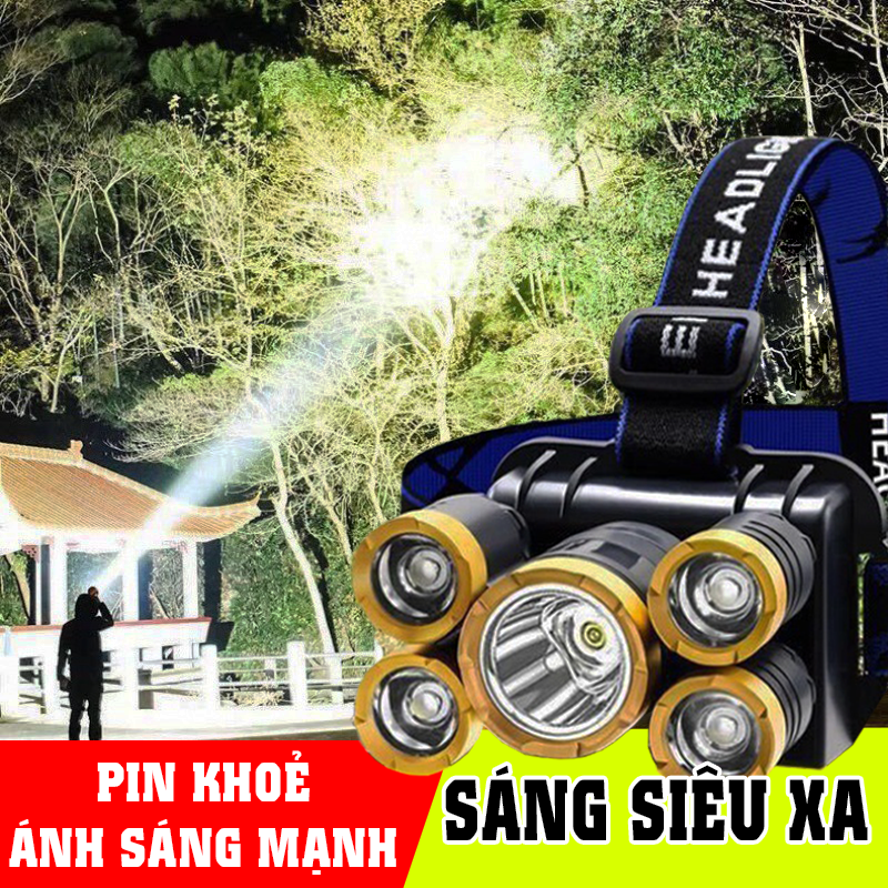 Đèn pin đội đầu siêu sáng 5 bóng led đi dã ngoại, cắm trại ypx7