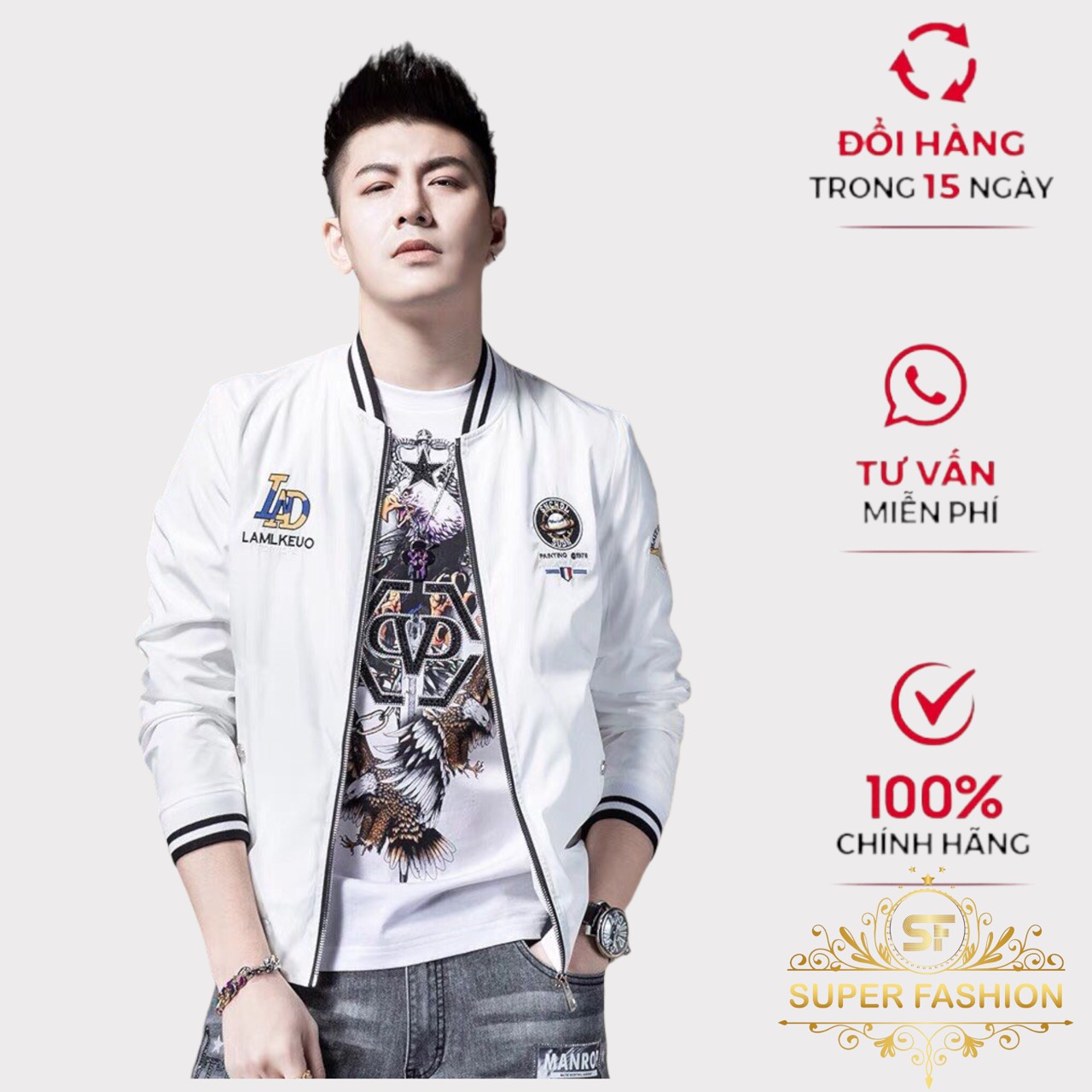 Áo khoác dù bomber nam thêu họa tiết vải dày dặn mềm mịn thoáng mát thấm hút mồ hôi tốt