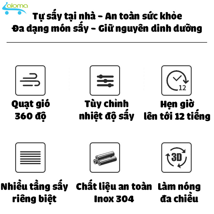 Máy Sấy Thực Phẩm 12 Khay Inox 304 Dehydrator - Máy Làm Trái Cây Sấy Dẻo - Khô Gà Lá Chanh - Bò Khô Tỏi Ớt - Tiết Kiệm Điện, Không Ồn