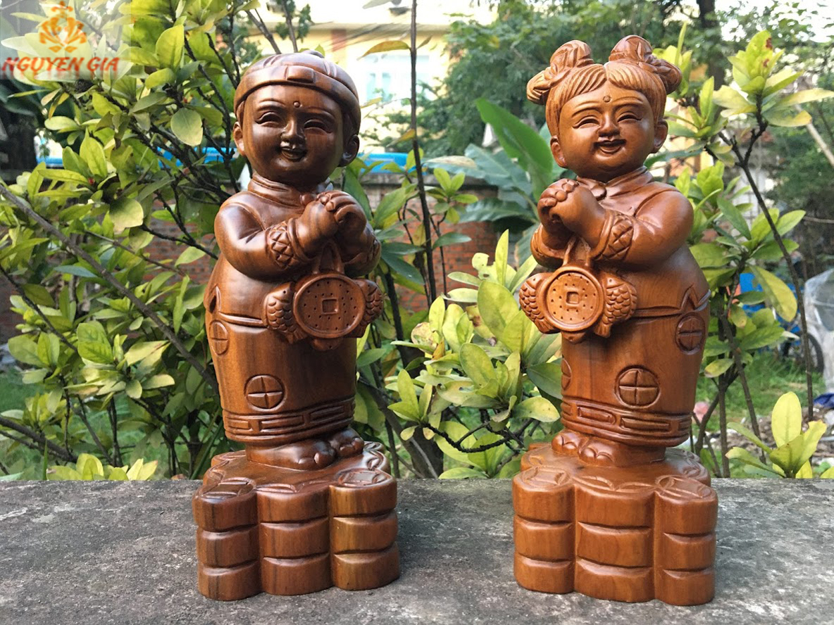 Trang trí bàn làm việc, Tượng Tiên đồng ngọc nữ chúc phúc gỗ bách xanh cao 20cm