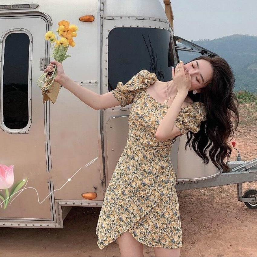 đầm nữ dự tiệc cưới cổ vuông ngắn tay chất liệu lụa voan hoa hoa tiết hoa hỏ vạt váy chéo thời trang thanh lịch - đầm nữ đi chơi du lịch - Thời Trang Sài Gòn Gía Rẻ