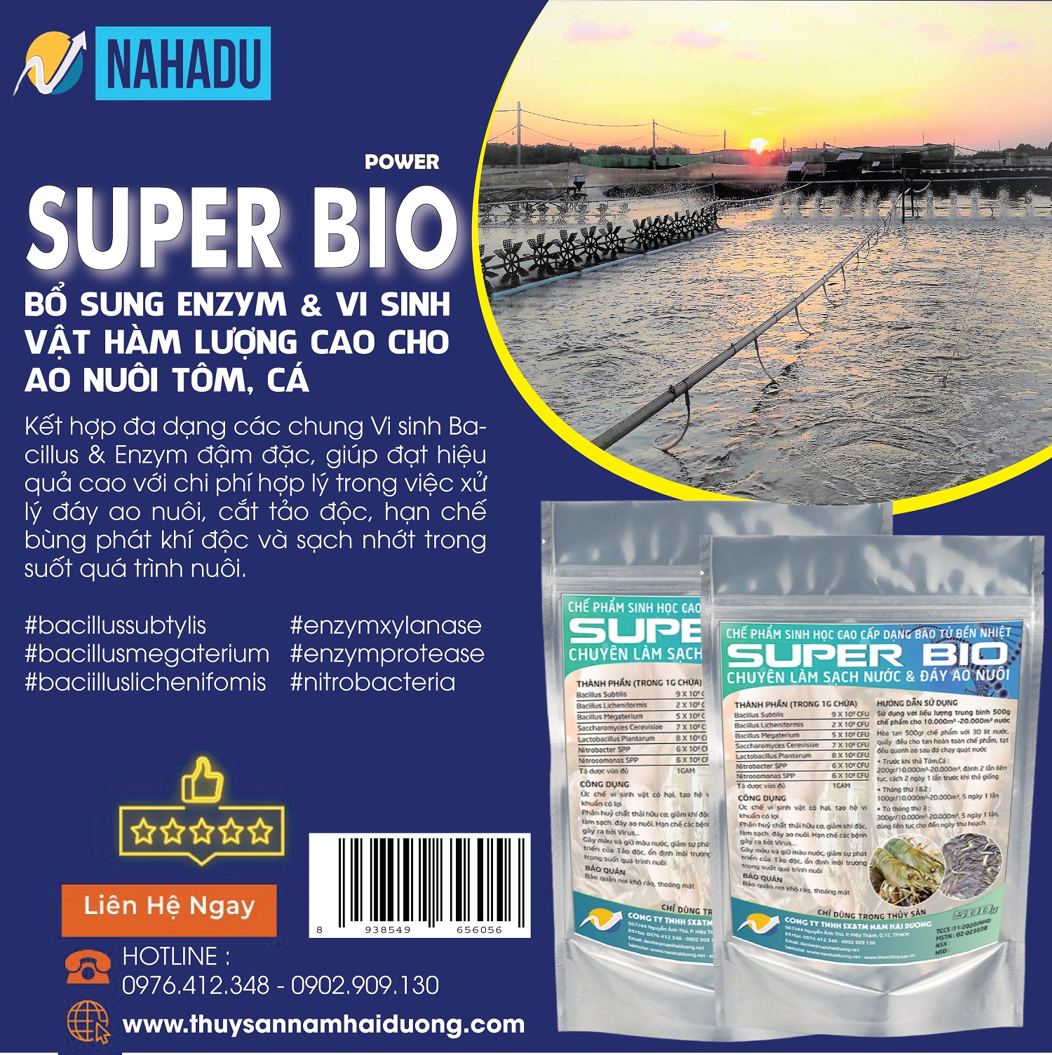 Chế phẩm vi sinh xử lý đáy ao nuôi tôm cá super bio - 1 túi 500gr