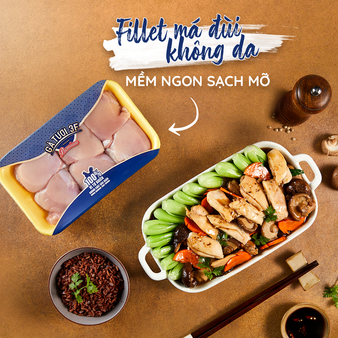 Phile má đùi không da 3F khay 500gr - Mềm ngon sạch mỡ, siêu tiện lợi
