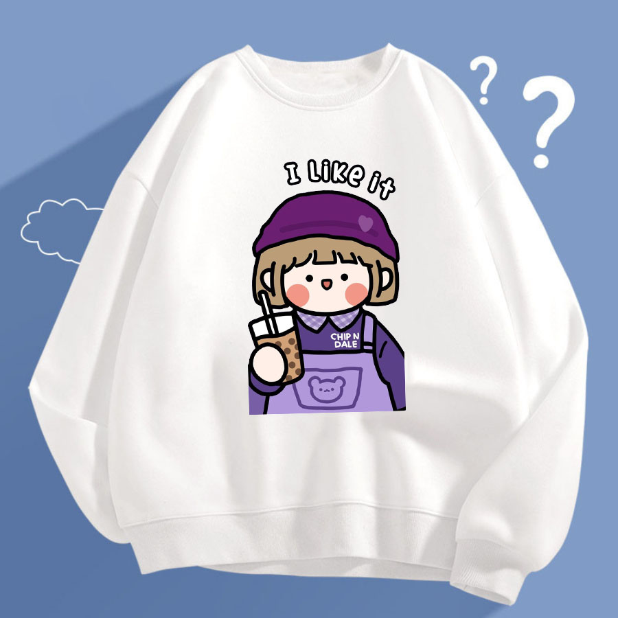 ● Áo Sweater Unisex Form Rộng Bo Dệt Tay Gấu Chất Nỉ Bông Cotton Dày Dặn In Hoạt Hình Màu Trắng In Hoạt Hình 3D Bé I Like It