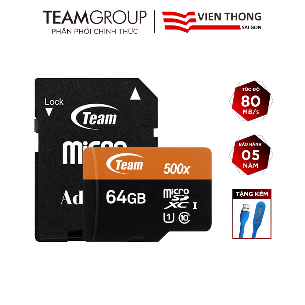 Thẻ nhớ microsdxc team 64gb 500x upto 80mb/s class 10 uhs-i kèm adapter tặng đèn led usb