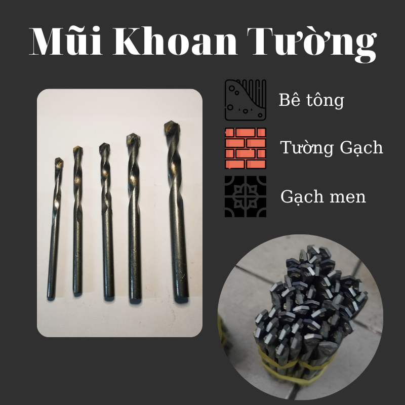 Mũi khoan tường, mũi khoan tường thông dụng hiện nay, mũi khoan 6ly 8ly 10ly 12ly 14ly 16ly, dài 1tất 2 tất 3 tất.