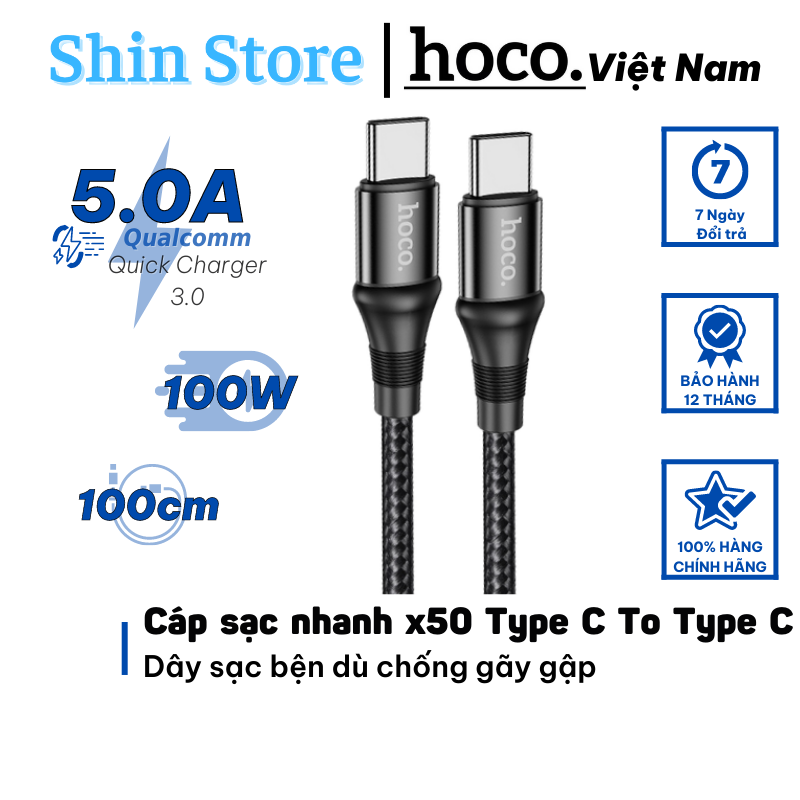 Cáp sạc nhanh hoco x50, dây sạc nhanh 100w type c độ dài dây 1m -shinstore