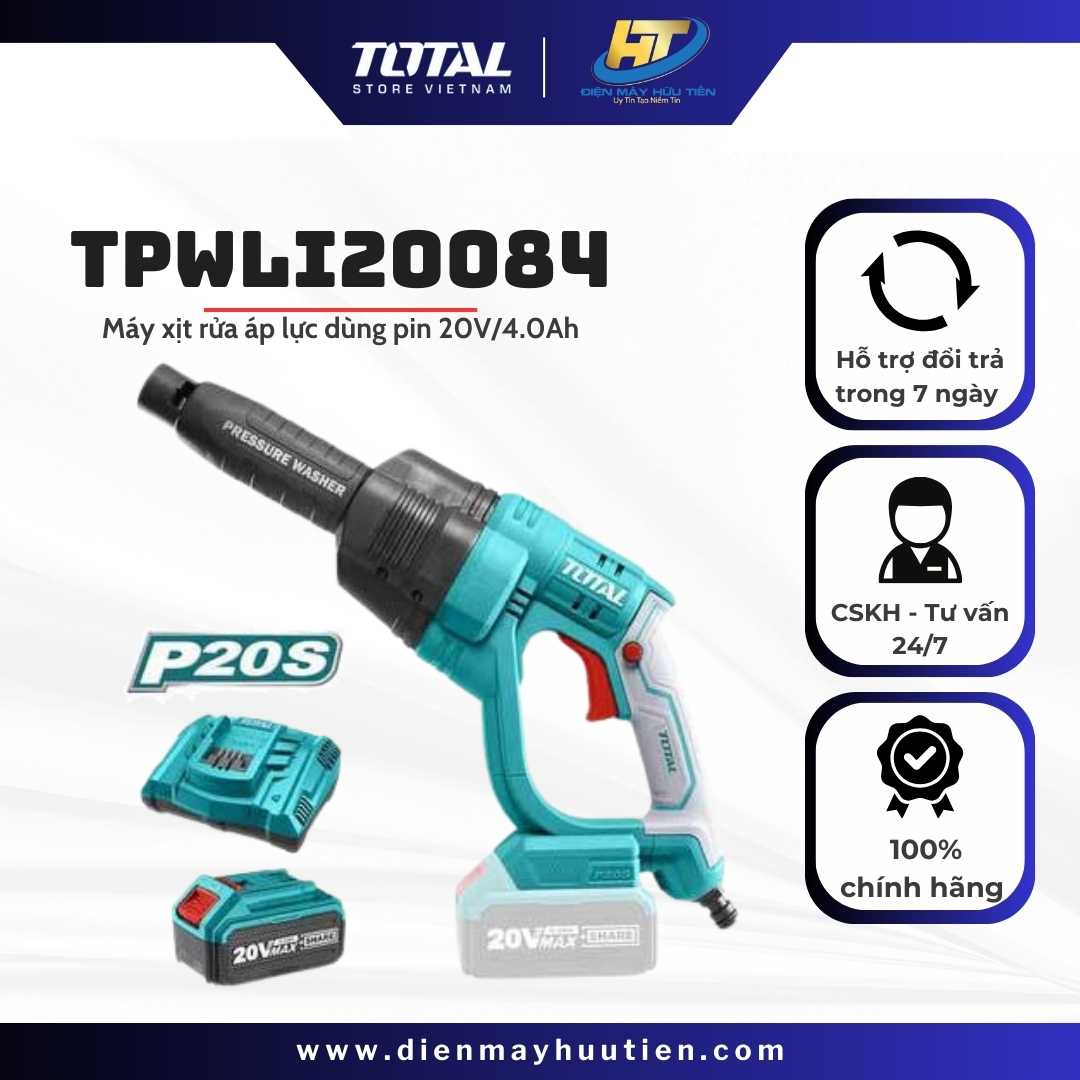 Máy xịt rửa áp lực dùng pin lithium-ion 20v/4.0ah tpwli20084