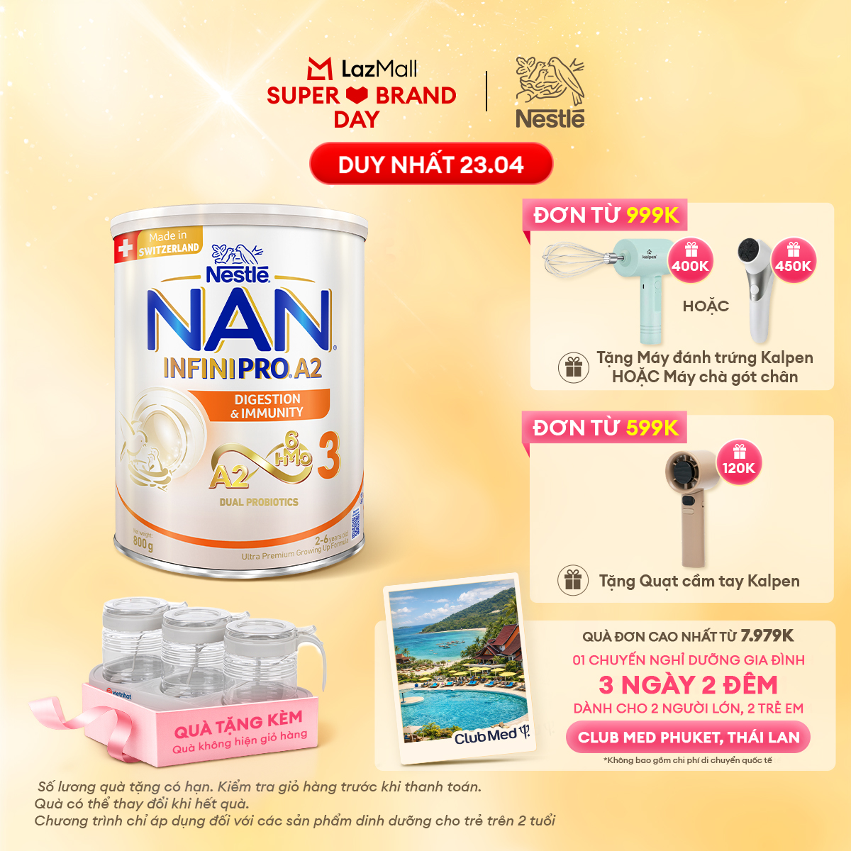 [CHỈ 23.04 QT Đơn 599K/999K][Tặng Set 3 hũ gia vị INOCHI] Sữa bột Nestlé NAN INFINIPRO A2 3 800g nhập khẩu Thụy Sĩ  với công thức đầu tiên chứa đạm A2, 6HMO  Lợi khuẩn kép