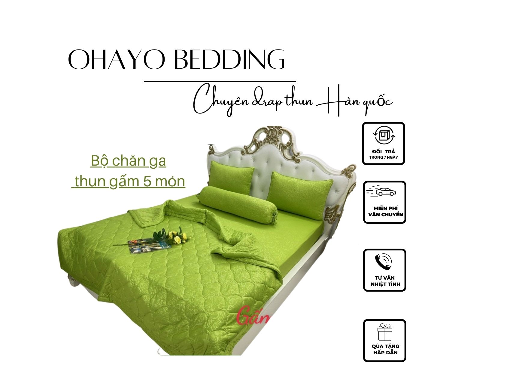 Trọn bộ ga giường-drap thun Hàn 5 món ( 1 ga nệm , 2 áo nằm, 1 áo ôm, 1 chăn)