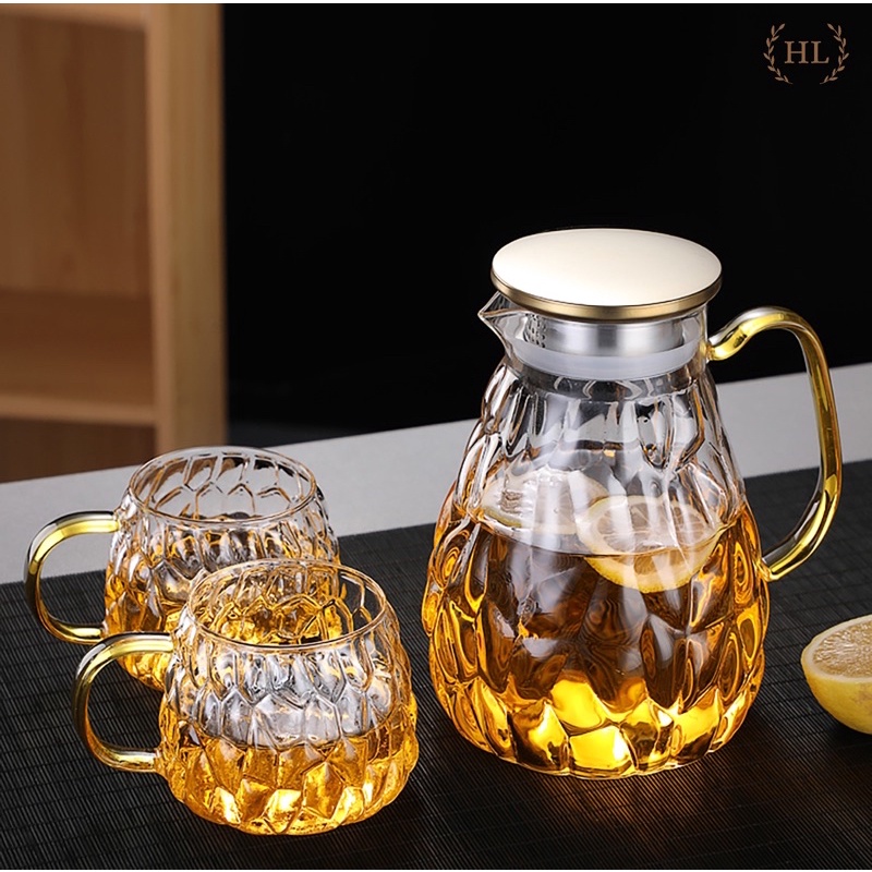 Bộ bình cốc thủy tinh vân sò | bộ bình cốc thủy tinh chịu nhiệt decor dập nổi vân quả na