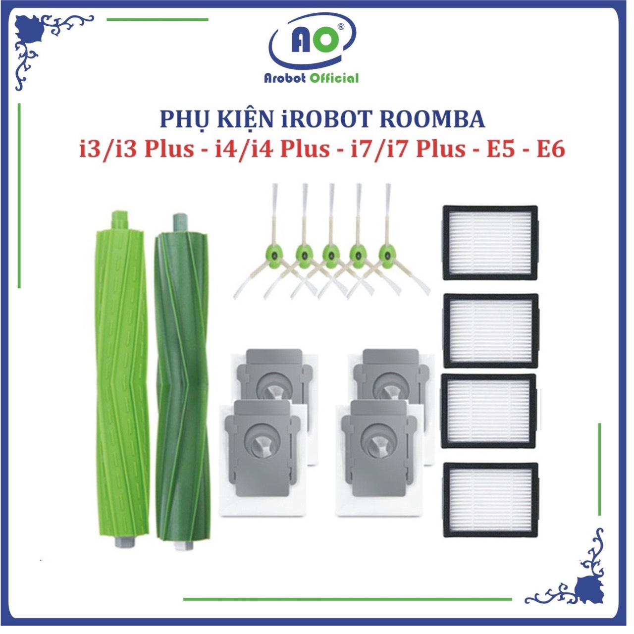 Phụ kiện robot hút bụi irobot roomba i3, i4, i7, i7 plus, e5, e6. đôi chổi lăn, bộ lọc hepa, chổi cạnh, túi đựng bụi