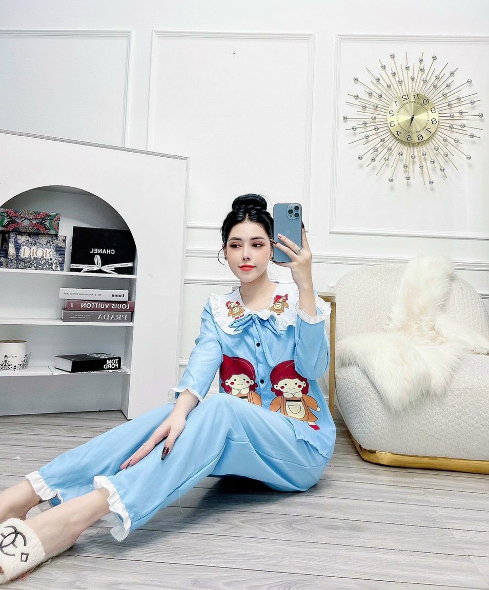 Đồ Bộ Pijama Kate Lụa Cô Gái XINH XẮN TAY DÀI QUẦN DÀI Siêu Đẹp Dưới 58kg