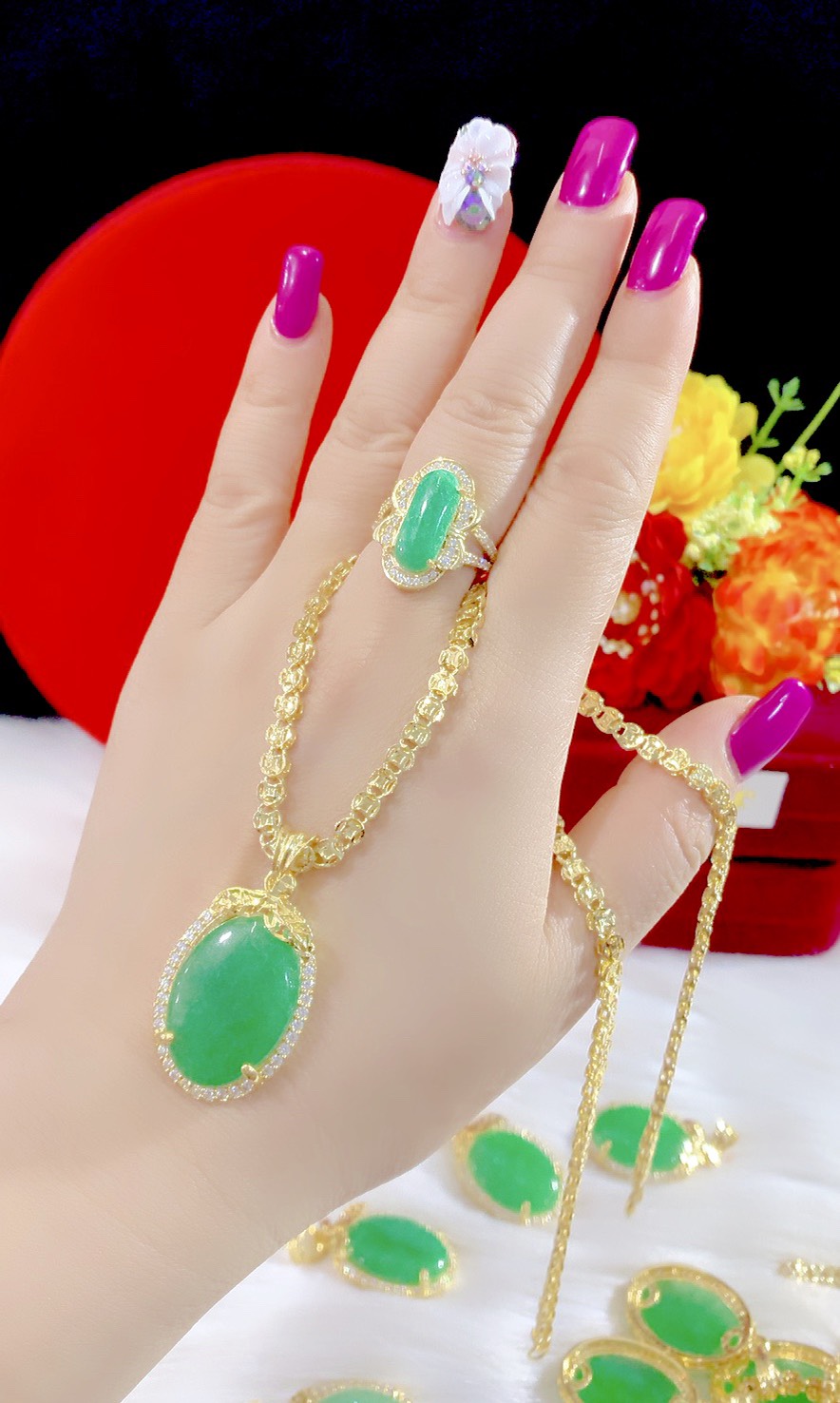 Combo dây chuyền nhẫn cẩm thạch mạ 18k cao cấp M632