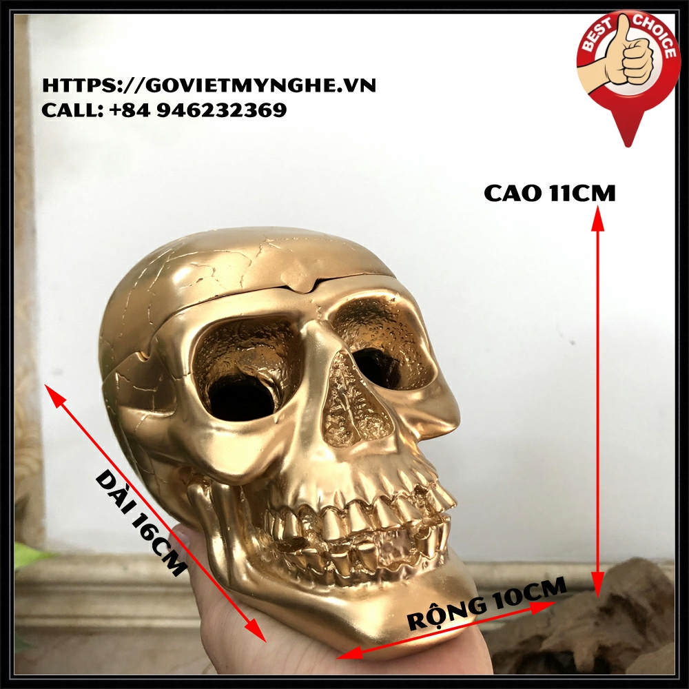 Tượng đá trang trí hình đầu lâu - Gạt tàn thuốc trang trí phòng khách hình Đầu Lâu - Màu nhũ đồng - Dài 16cm